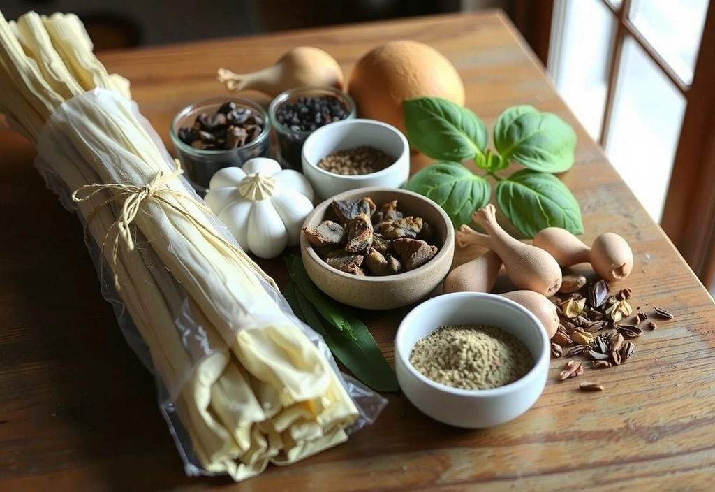 Variedad de hierbas medicinales y superalimentos en una mesa de madera