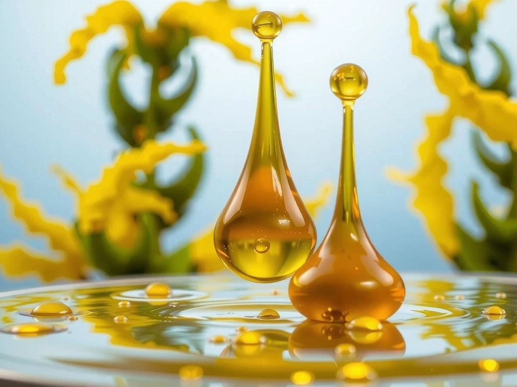 Gotas de aceite de pescado o algas ricas en Omega-3, con un fondo marino o de plantas.