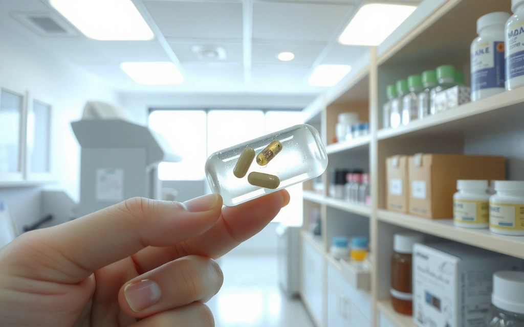Mano sosteniendo una cápsula transparente con ingredientes naturales visibles dentro, simbolizando pureza y calidad en un entorno de laboratorio limpio.