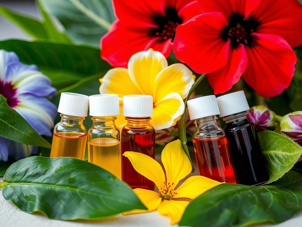 Variedad de extractos de plantas medicinales en pequeños frascos de laboratorio, con hojas y flores frescas alrededor.