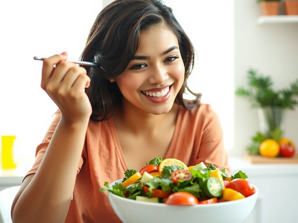 Mujer sonriendo y comiendo una ensalada fresca con vegetales coloridos.
